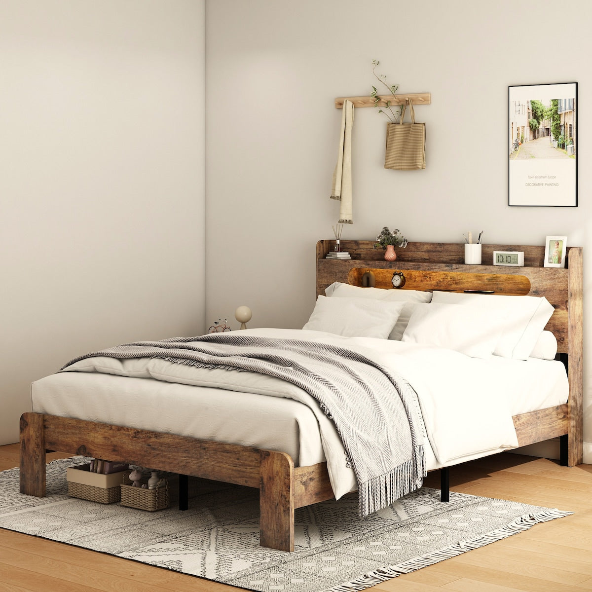 Wood Platform Bed with LED Light Headboard, 2 USB & Large Under Bed Storage