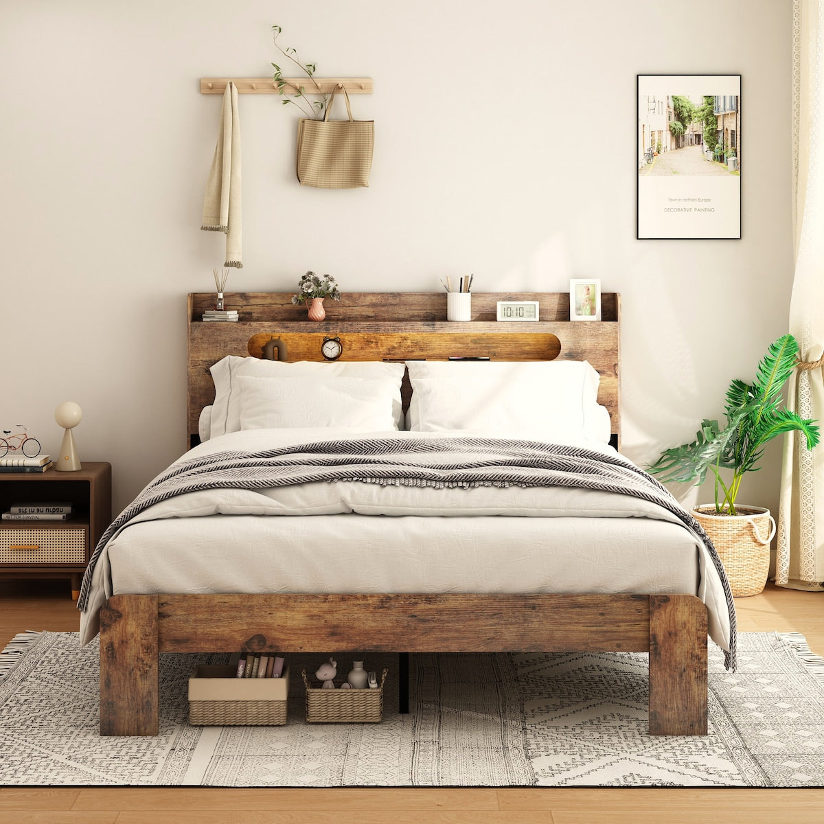 Wood Platform Bed with LED Light Headboard, 2 USB & Large Under Bed Storage