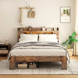 Wood Platform Bed with LED Light Headboard, 2 USB & Large Under Bed Storage