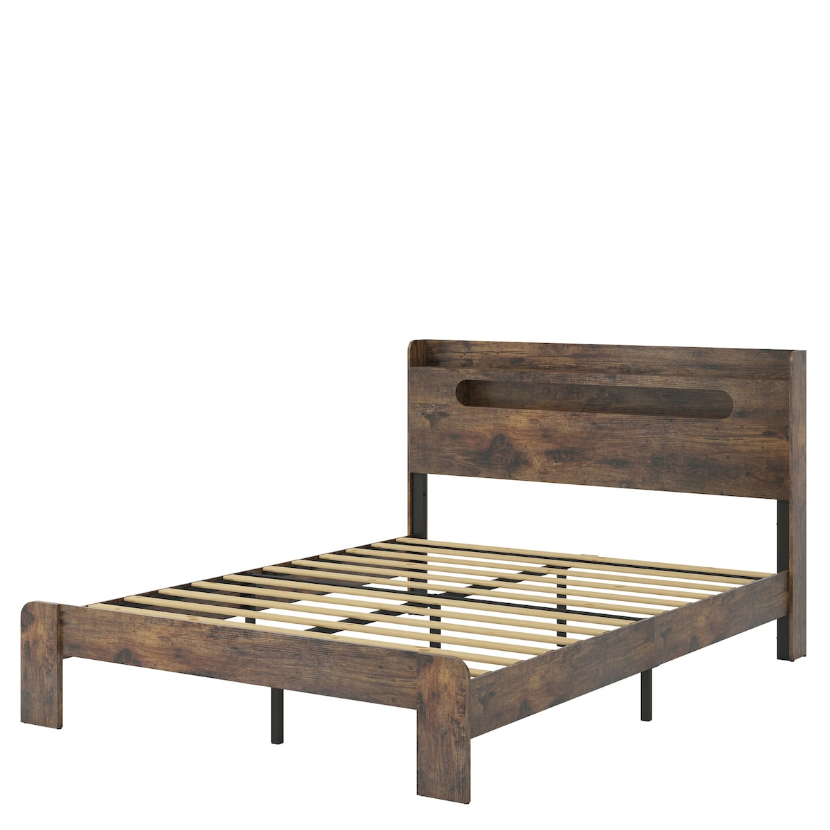 Wood Platform Bed with LED Light Headboard, 2 USB & Large Under Bed Storage