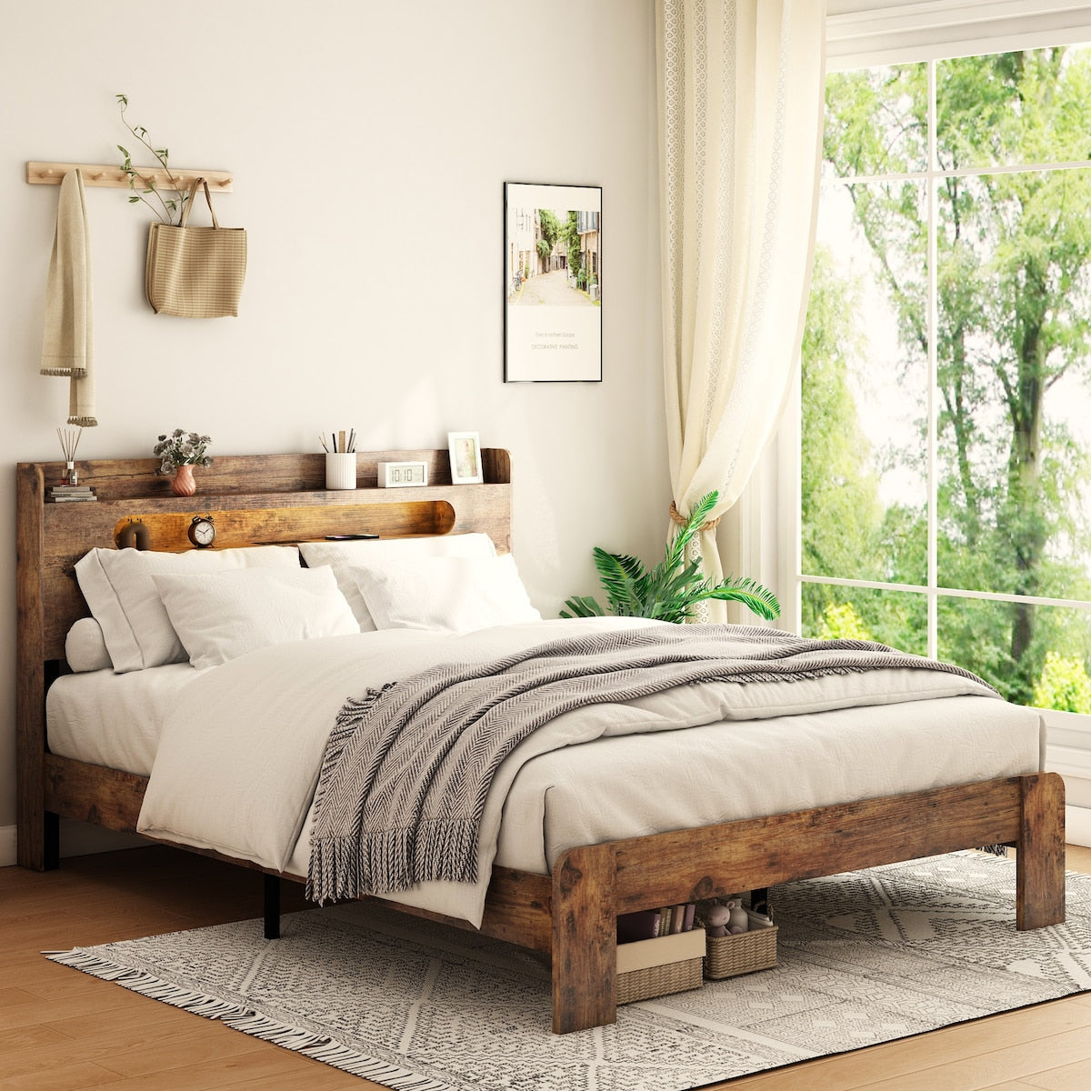 Wood Platform Bed with LED Light Headboard, 2 USB & Large Under Bed Storage