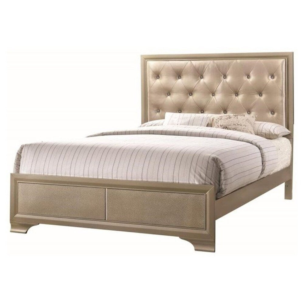 Wood Queen Bed with Upholstered Headboard in Beige
