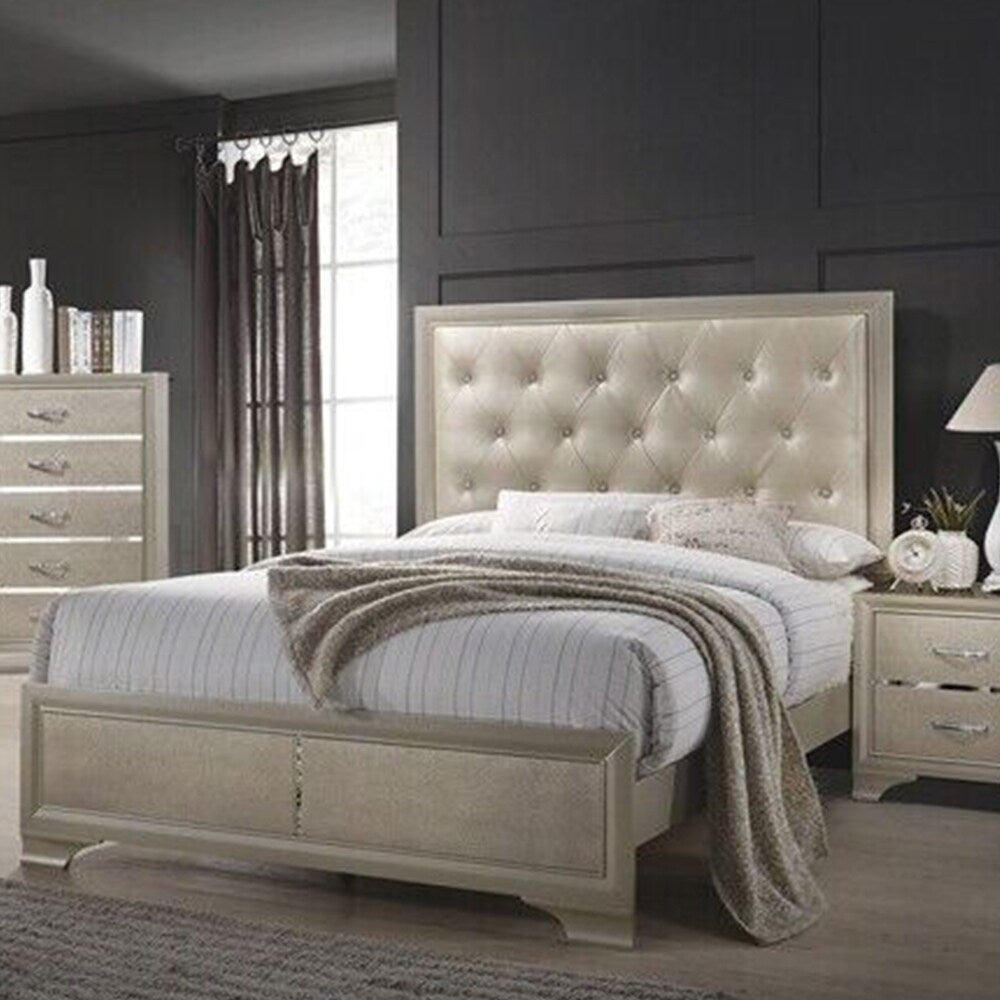 Wood Queen Bed with Upholstered Headboard in Beige
