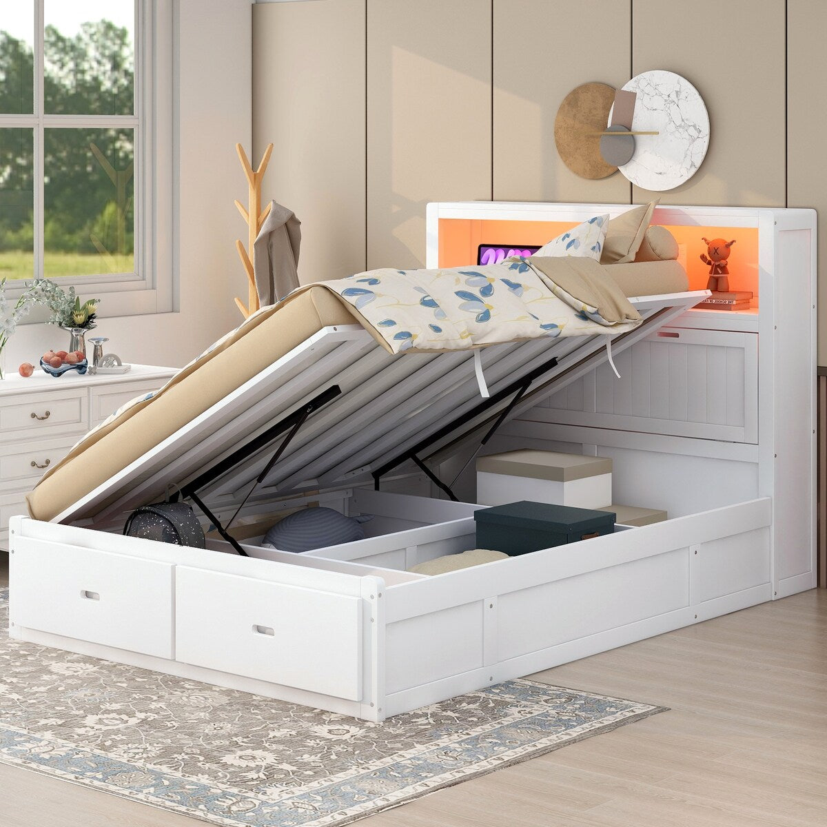 Wood Queen Hydraulic Platform Bed Frame with Storage LED Headboard Ch