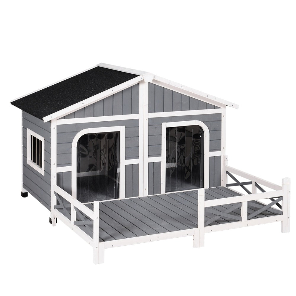 PawHut Wooden Large Dog House, Perfect for the Porch or Deck and Includes Bottom Slide-Out Tray, 59" L, Grey