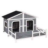PawHut Wooden Large Dog House, Perfect for the Porch or Deck and Includes Bottom Slide-Out Tray, 59" L, Grey