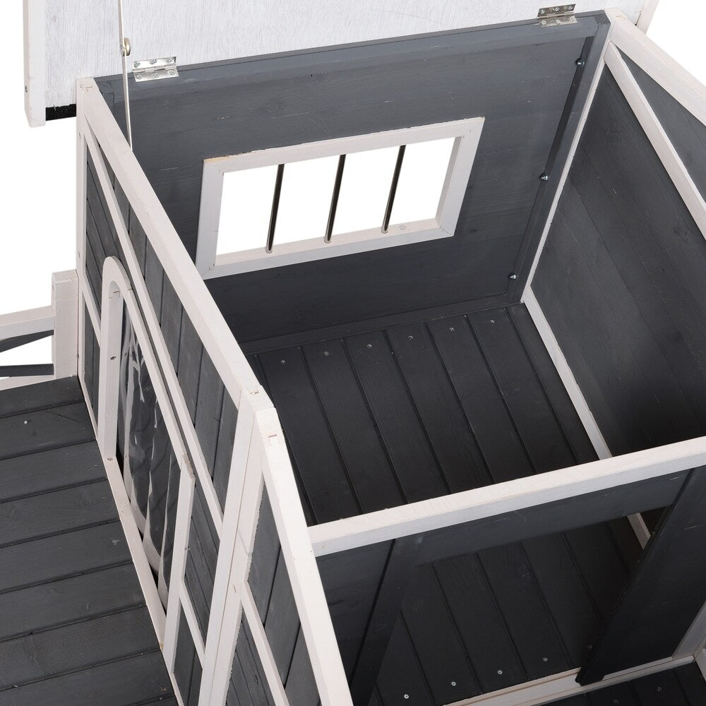 PawHut Wooden Large Dog House, Perfect for the Porch or Deck and Includes Bottom Slide-Out Tray, 59" L, Grey