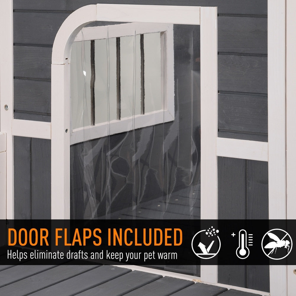 PawHut Wooden Large Dog House, Perfect for the Porch or Deck and Includes Bottom Slide-Out Tray, 59" L, Grey