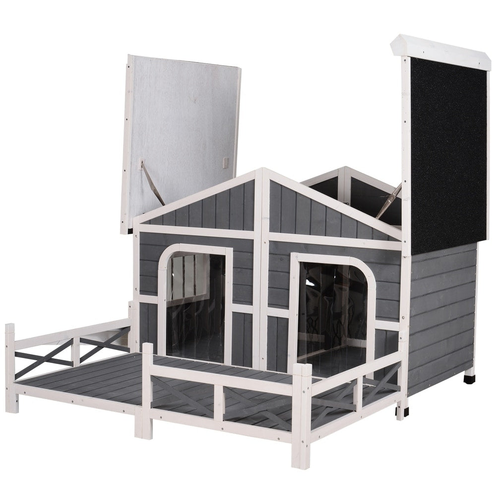PawHut Wooden Large Dog House, Perfect for the Porch or Deck and Includes Bottom Slide-Out Tray, 59" L, Grey