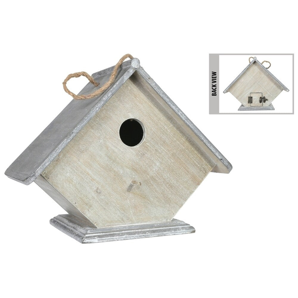 Wood Rectangle Bird House with Top Rope Hanger, Washed Gray Finish
