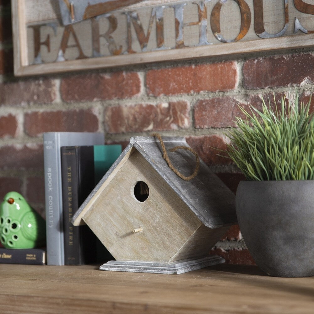Wood Rectangle Bird House with Top Rope Hanger, Washed Gray Finish