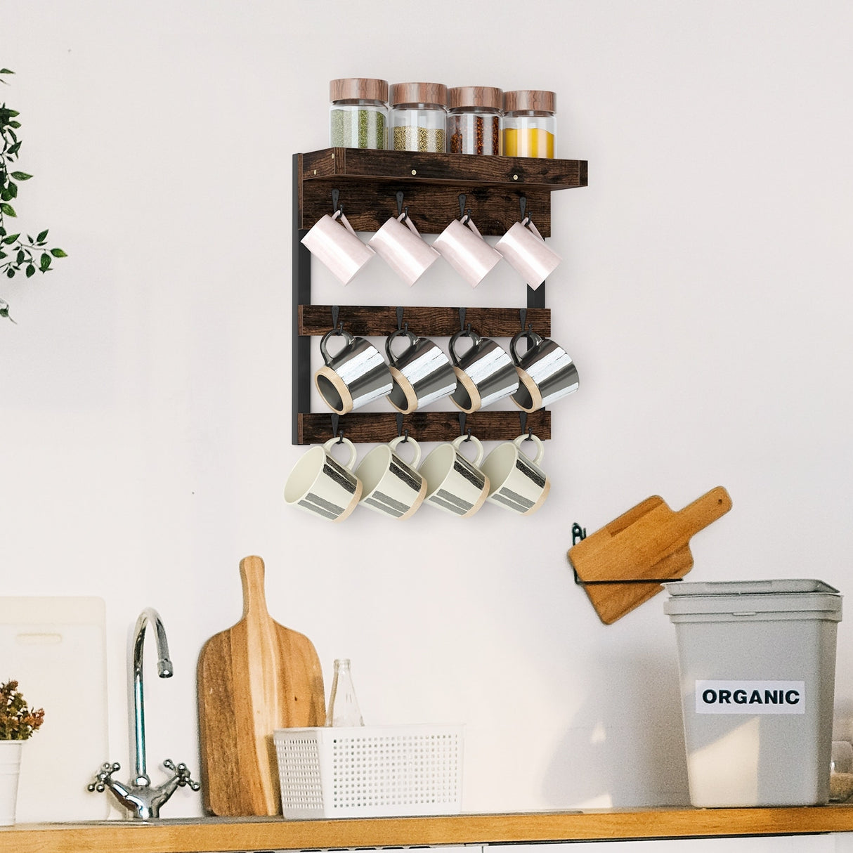 Wood Rustic Coffee Mug Holder Rack Wall Mounted Coffee Cup Shelf - 15.8 L x 5.4 W x15.9 H inch