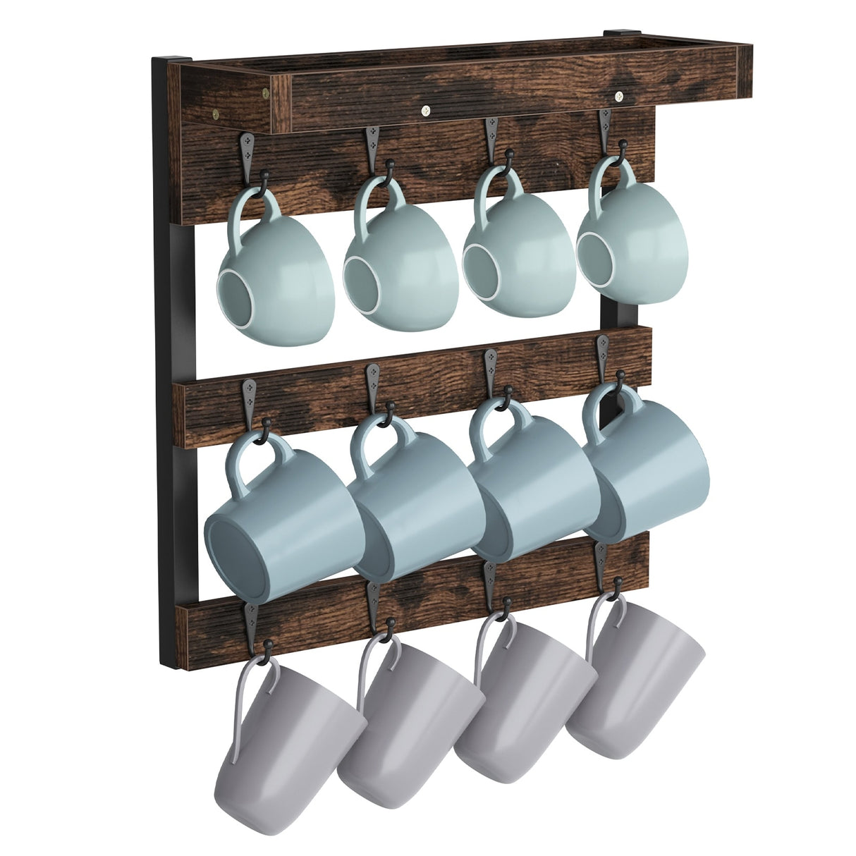 Wood Rustic Coffee Mug Holder Rack Wall Mounted Coffee Cup Shelf - 15.8 L x 5.4 W x15.9 H inch