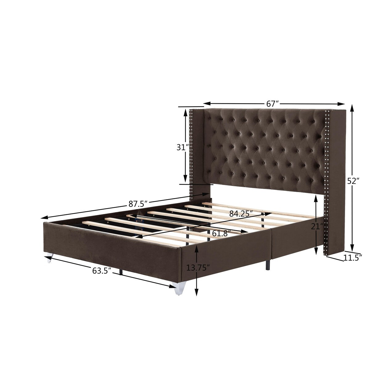 Wood Slat Support Platform Frame with Metal Support Feet Tufted Button Nailhead Wingback Bed and 1 Nightstands - Brown Queen