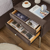 Wood Slat Support Platform Frame with Metal Support Feet Tufted Button Nailhead Wingback Bed and 1 Nightstands - Brown Queen