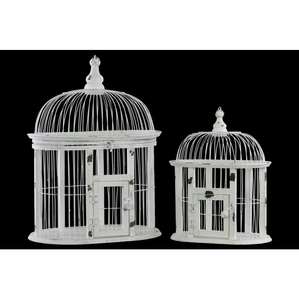 White Distressed Wood Stadium Shaped Bird Cage Set