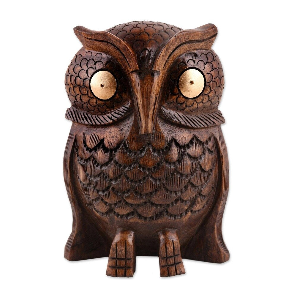 Handmade Wood Statuette, 'Owl Storyteller' (India)