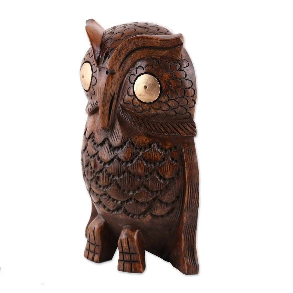 Handmade Wood Statuette, 'Owl Storyteller' (India)