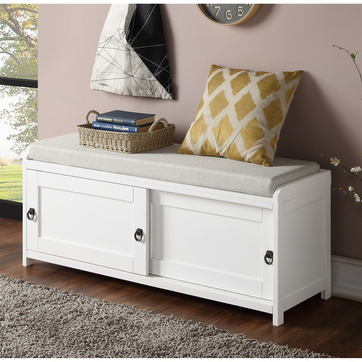 Wood Storage Bench with 2 Cabinets