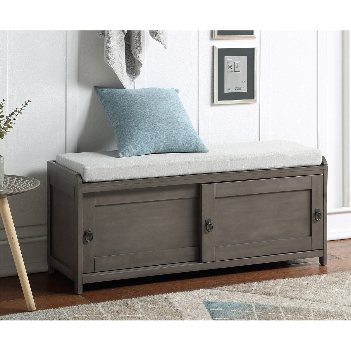 Wood Storage Bench with 2 Cabinets