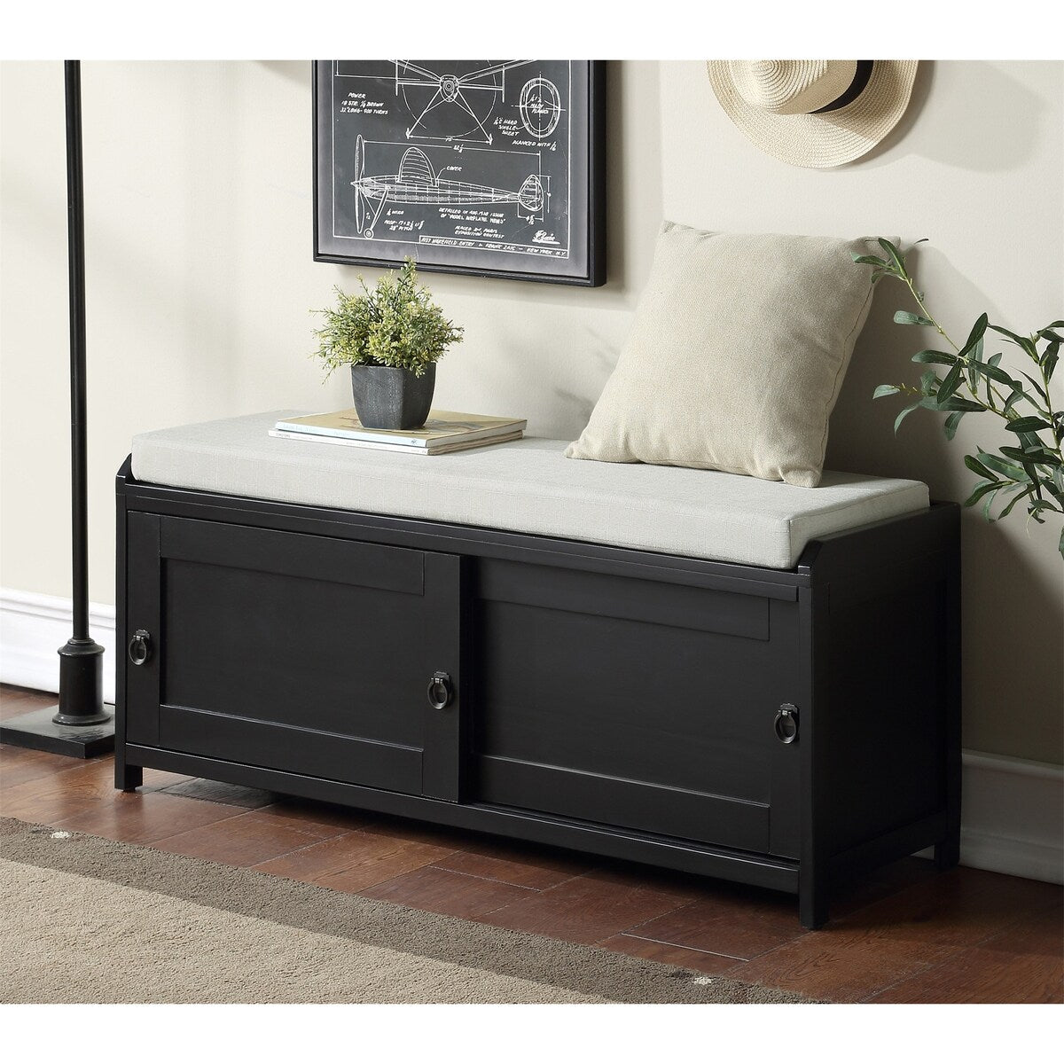 Wood Storage Bench with 2 Cabinets