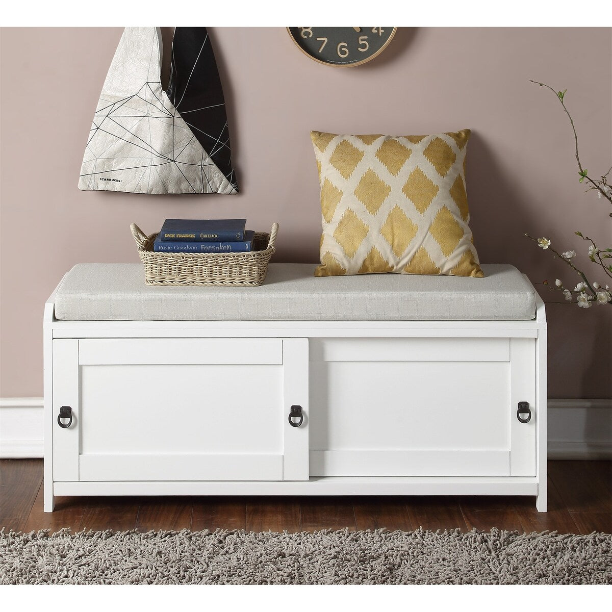 Wood Storage Bench with 2 Cabinets