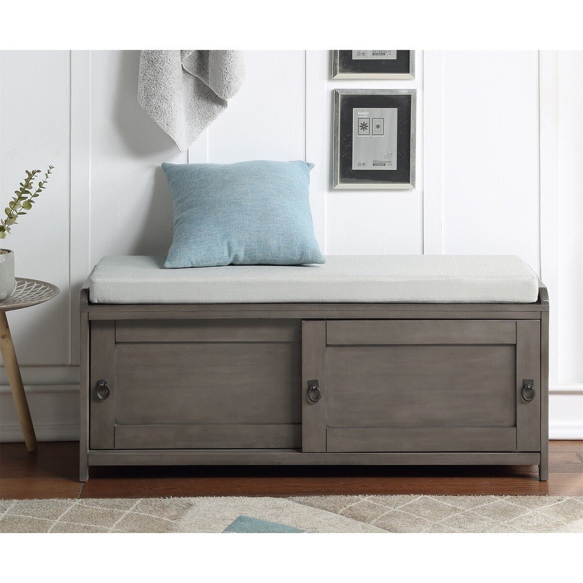Wood Storage Bench with 2 Cabinets