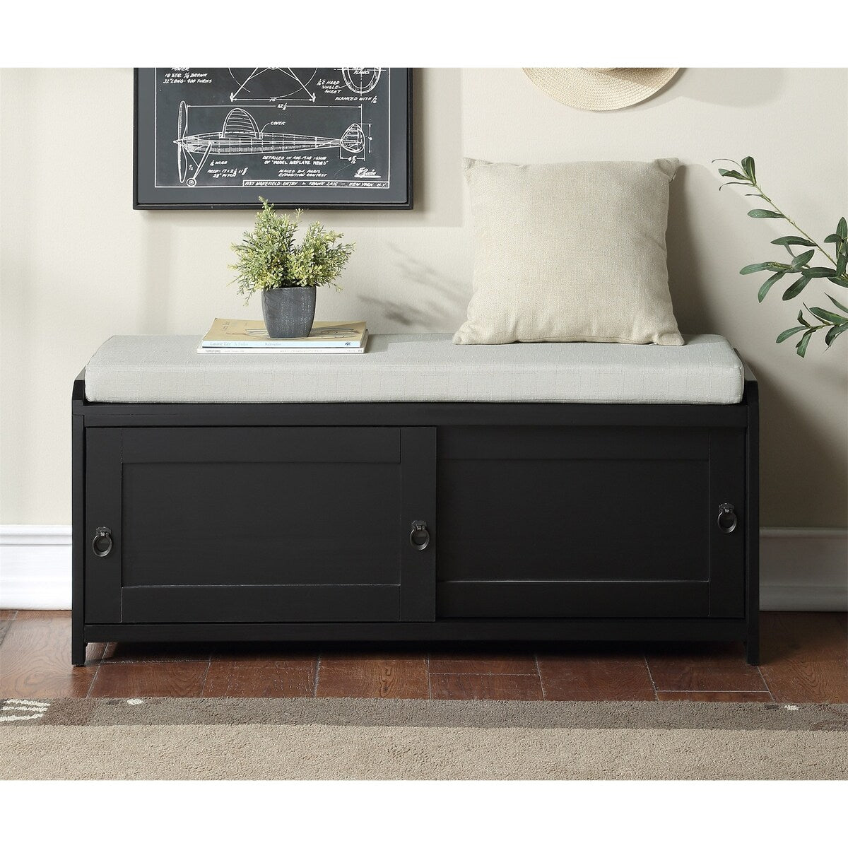 Wood Storage Bench with 2 Cabinets