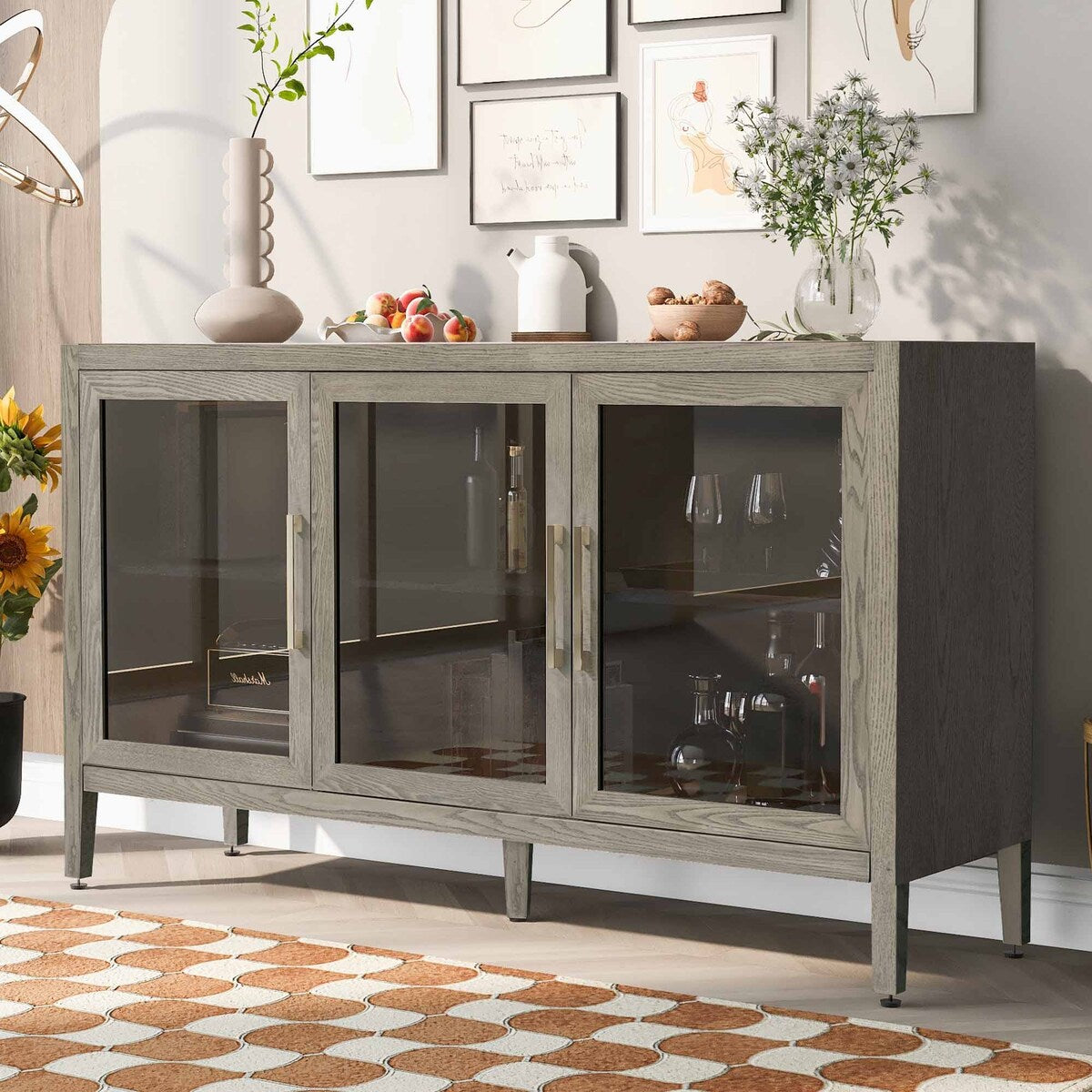 Wood Storage Cabinet with 3 tempered Glass Doors and Adjustable Shelf
