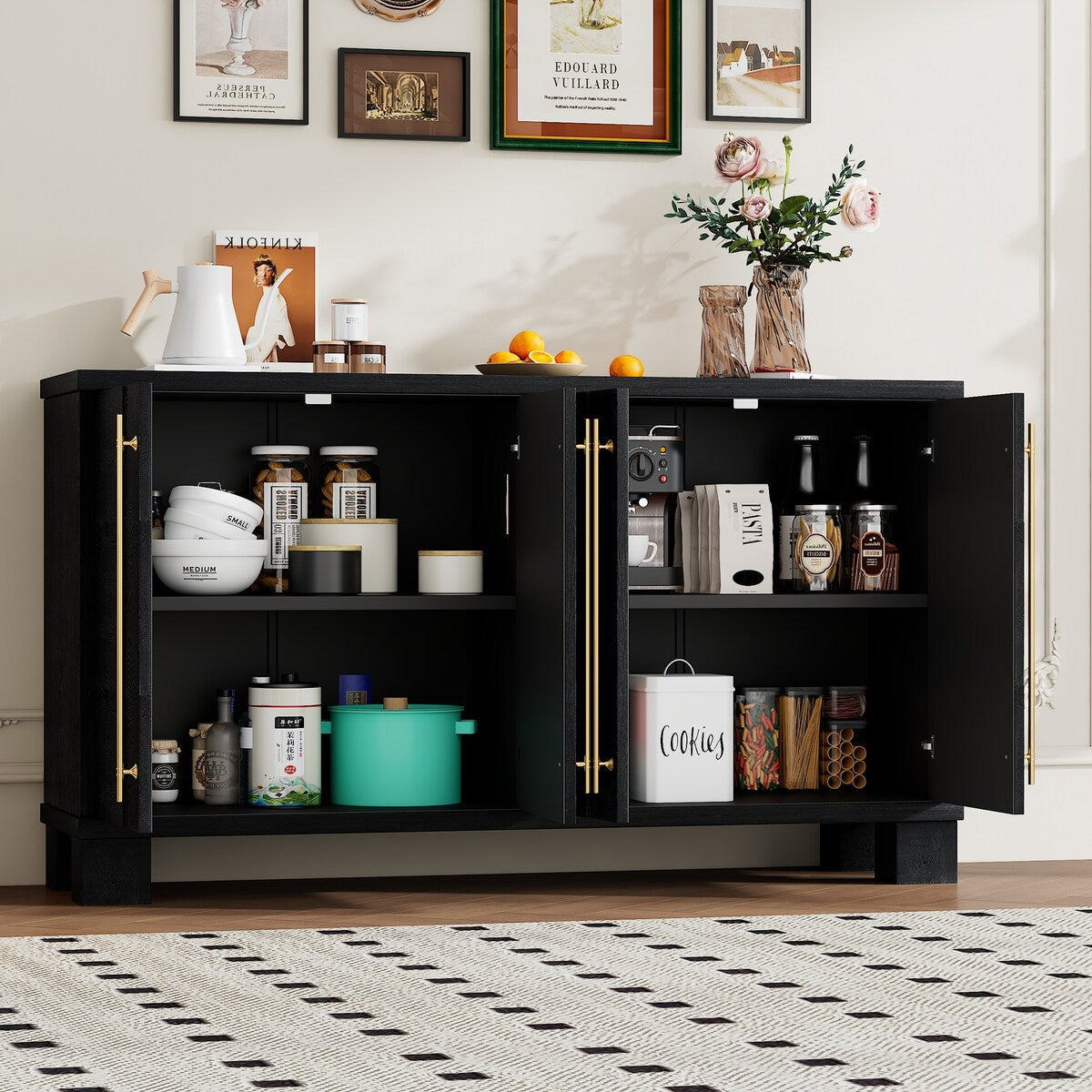 Wood Traditional Style Sideboard with Adjustable Shelves