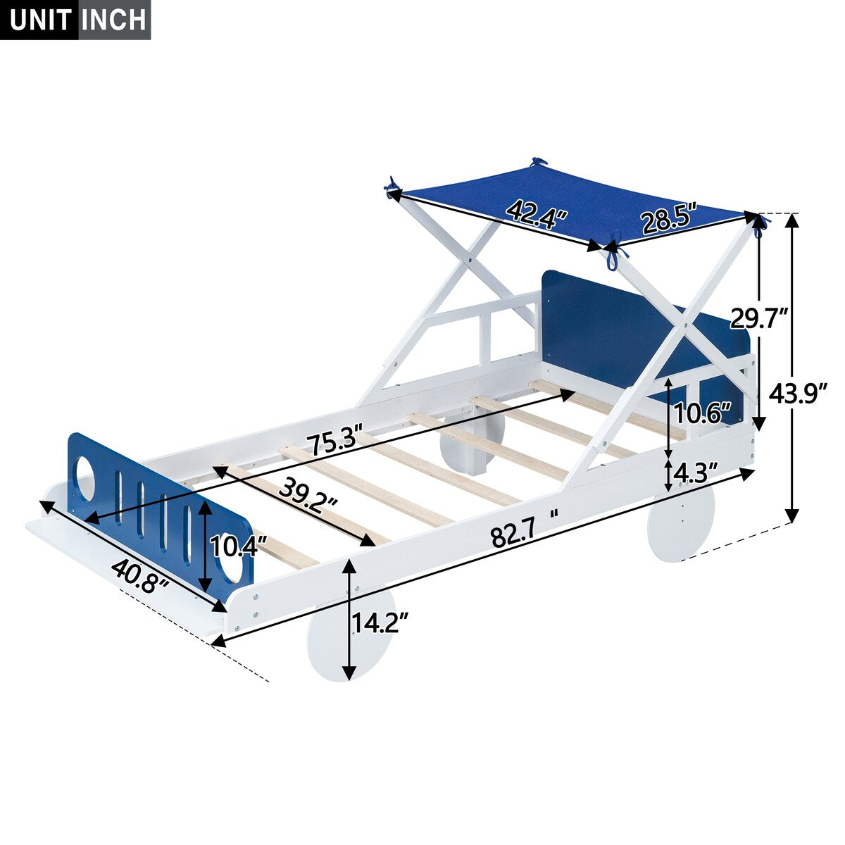 Wood Twin Size Car Bed with Ceiling Cloth, Headboard and Footboard