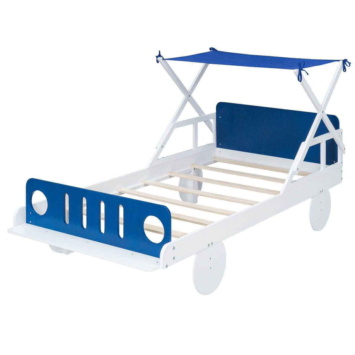 Wood Twin Size Car Bed with Ceiling Cloth, Headboard and Footboard