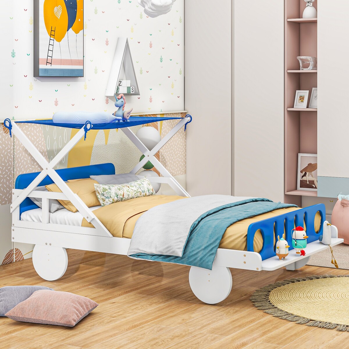 Wood Twin Size Car Bed with Ceiling Cloth, Headboard and Footboard