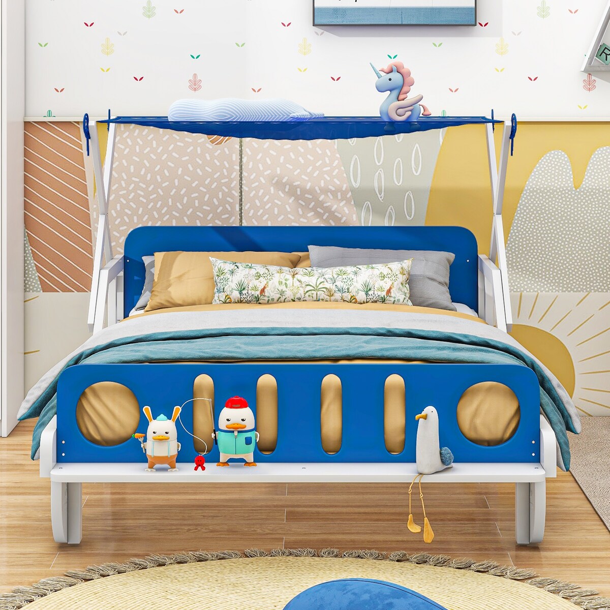 Wood Twin Size Car Bed with Ceiling Cloth, Headboard and Footboard