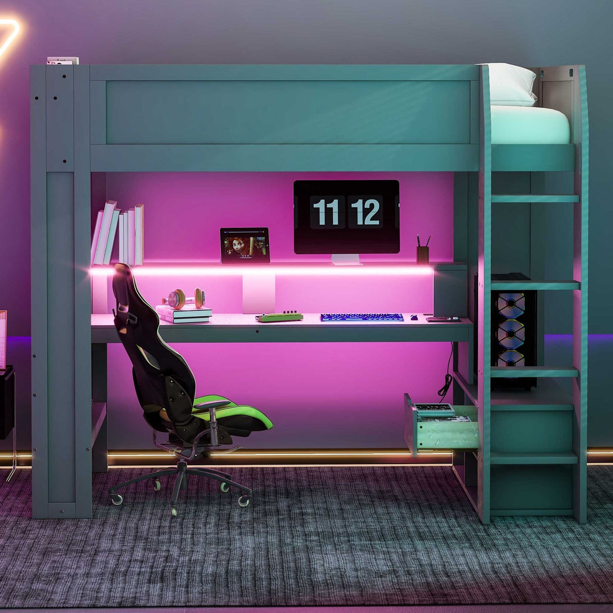 Wood Twin Size Gaming Loft Bed with Desk, Multi-storage Shelves, LED and Charging Station, Dark Gray