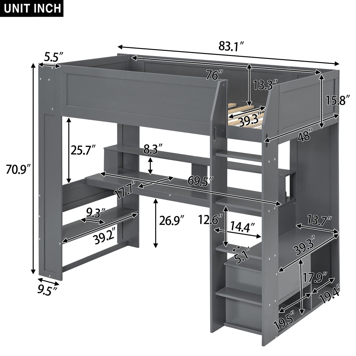 Wood Twin Size Gaming Loft Bed with Desk, Multi-storage Shelves, LED and Charging Station, Dark Gray