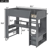 Wood Twin Size Gaming Loft Bed with Desk, Multi-storage Shelves, LED and Charging Station, Dark Gray