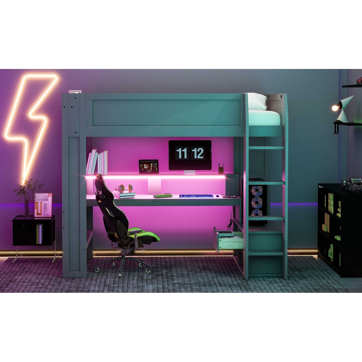 Wood Twin Size Gaming Loft Bed with Desk, Multi-storage Shelves, LED and Charging Station, Dark Gray