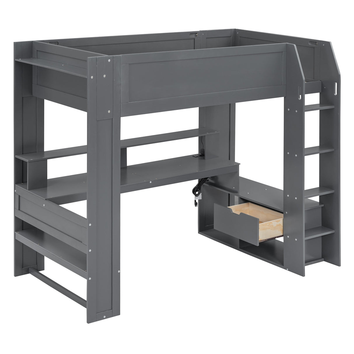 Wood Twin Size Gaming Loft Bed with Desk, Multi-storage Shelves, LED and Charging Station, Dark Gray