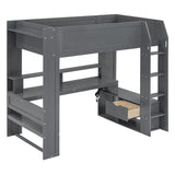Wood Twin Size Gaming Loft Bed with Desk, Multi-storage Shelves, LED and Charging Station, Dark Gray