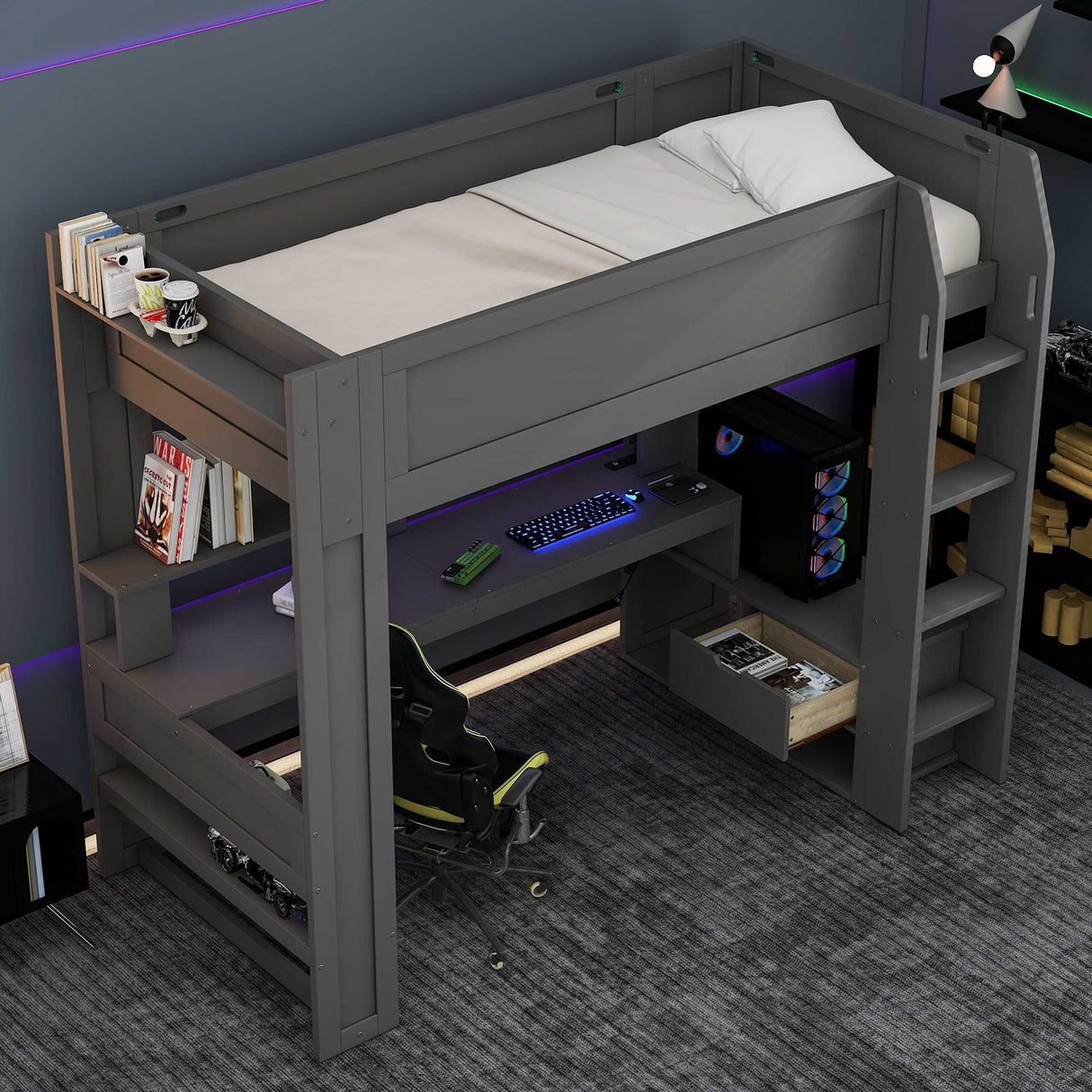 Wood Twin Size Gaming Loft Bed with Desk, Multi-storage Shelves, LED and Charging Station, Dark Gray