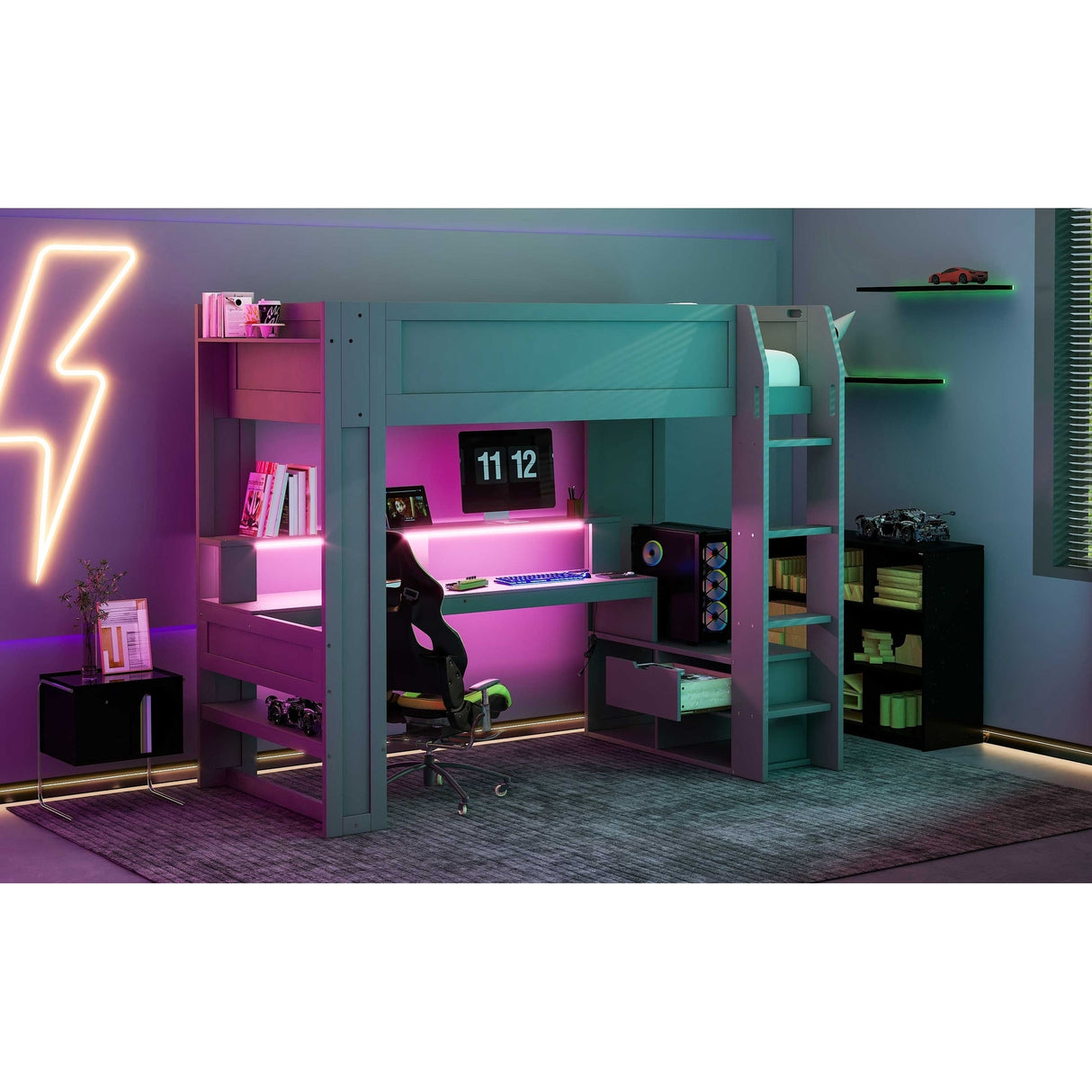 Wood Twin Size Gaming Loft Bed with Desk, Multi-storage Shelves, LED and Charging Station, Dark Gray