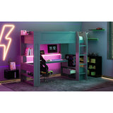 Wood Twin Size Gaming Loft Bed with Desk, Multi-storage Shelves, LED and Charging Station, Dark Gray
