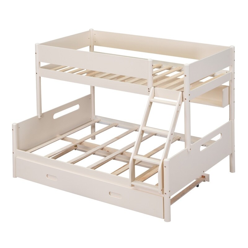 Wood Twin over Full Bunk Trundle Bed with Storage Shelves and Twin Size