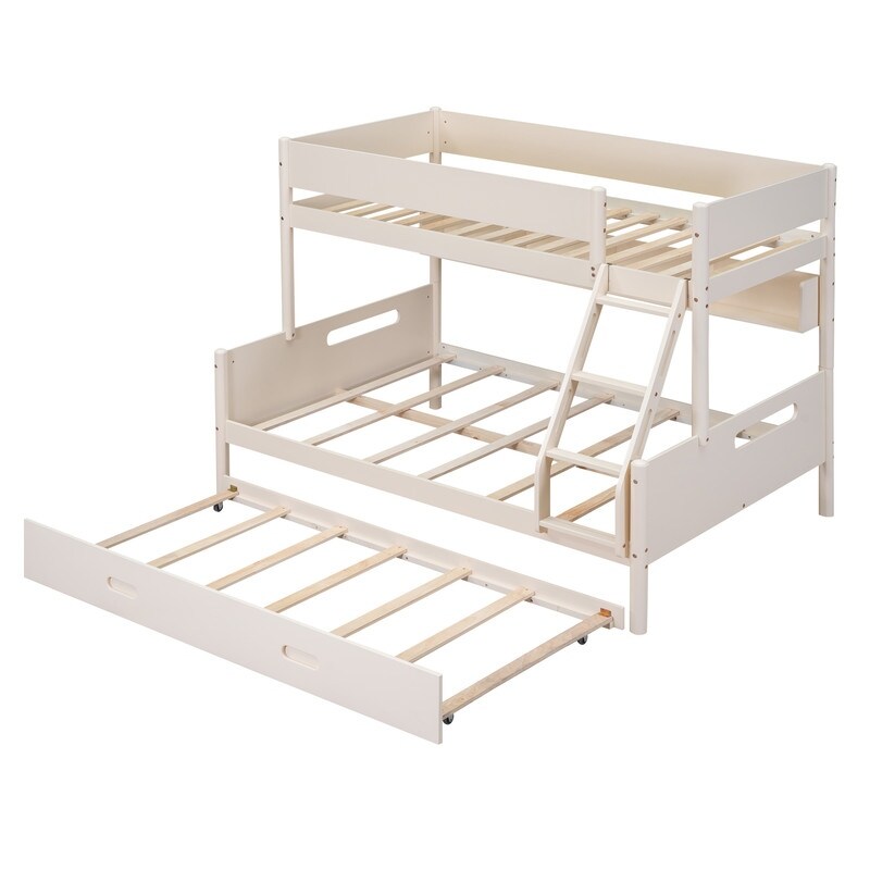 Wood Twin over Full Bunk Trundle Bed with Storage Shelves and Twin Size