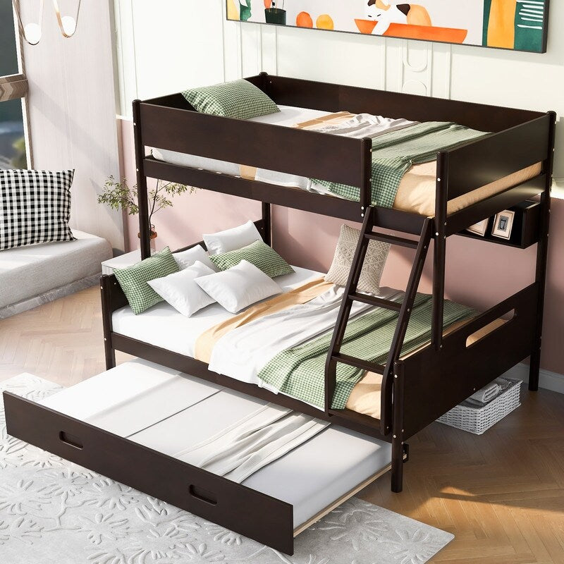 Wood Twin over Full Bunk Trundle Bed with Storage Shelves and Twin Size