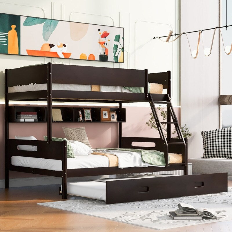 Wood Twin over Full Bunk Trundle Bed with Storage Shelves and Twin Size