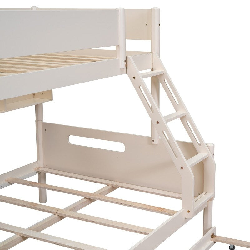 Wood Twin over Full Bunk Trundle Bed with Storage Shelves and Twin Size