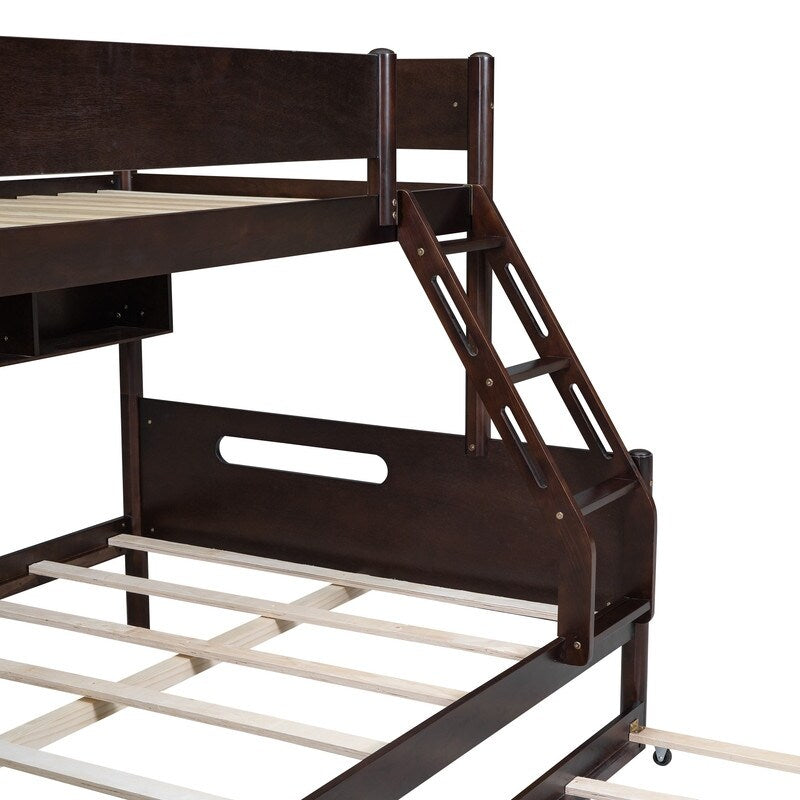 Wood Twin over Full Bunk Trundle Bed with Storage Shelves and Twin Size