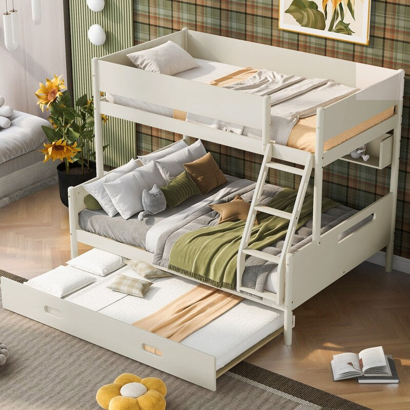 Wood Twin over Full Bunk Trundle Bed with Storage Shelves and Twin Size